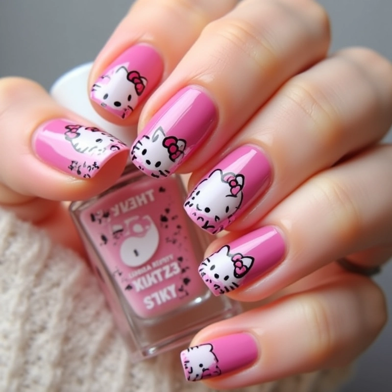 Unhas Hello Kitty com adesivos, praticidade e estilo.