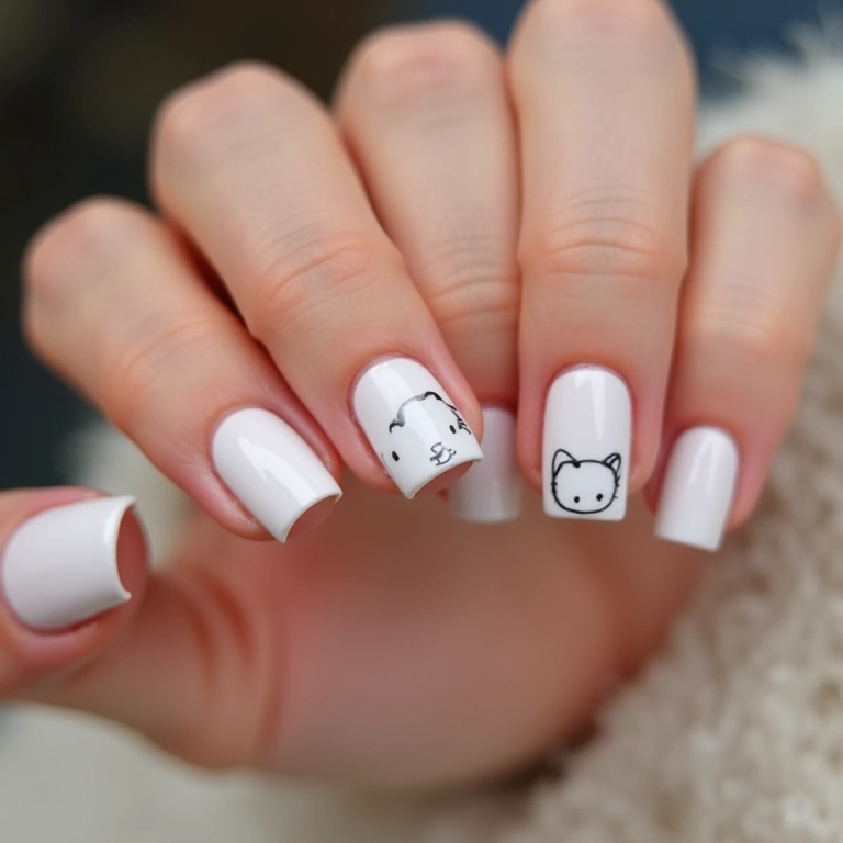 Unhas Hello Kitty minimalistas, design clean e delicado.