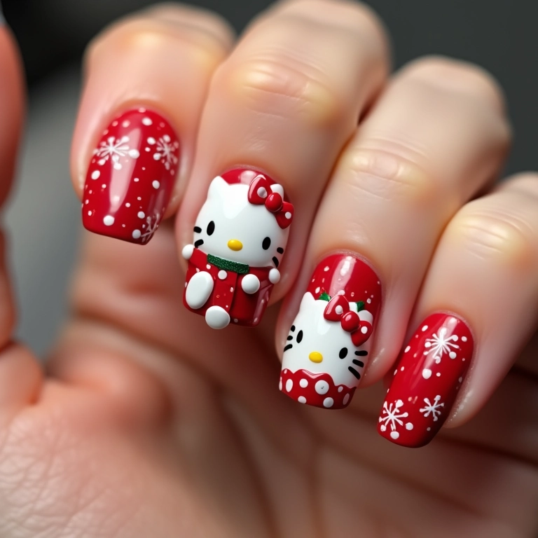 Unhas Hello Kitty para as festas, design temático.