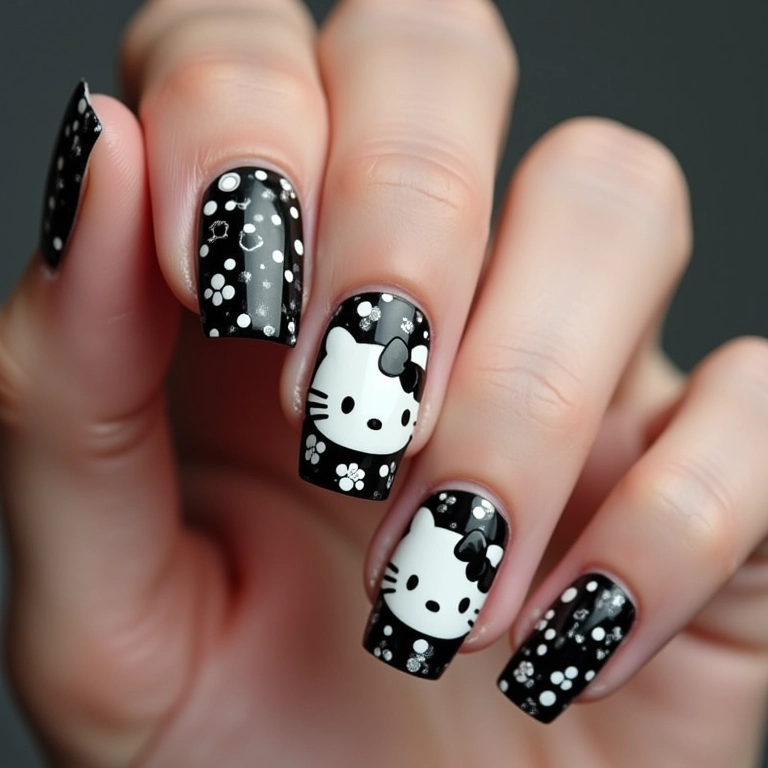 Unhas Hello Kitty preto e branco, clássico e atemporal.