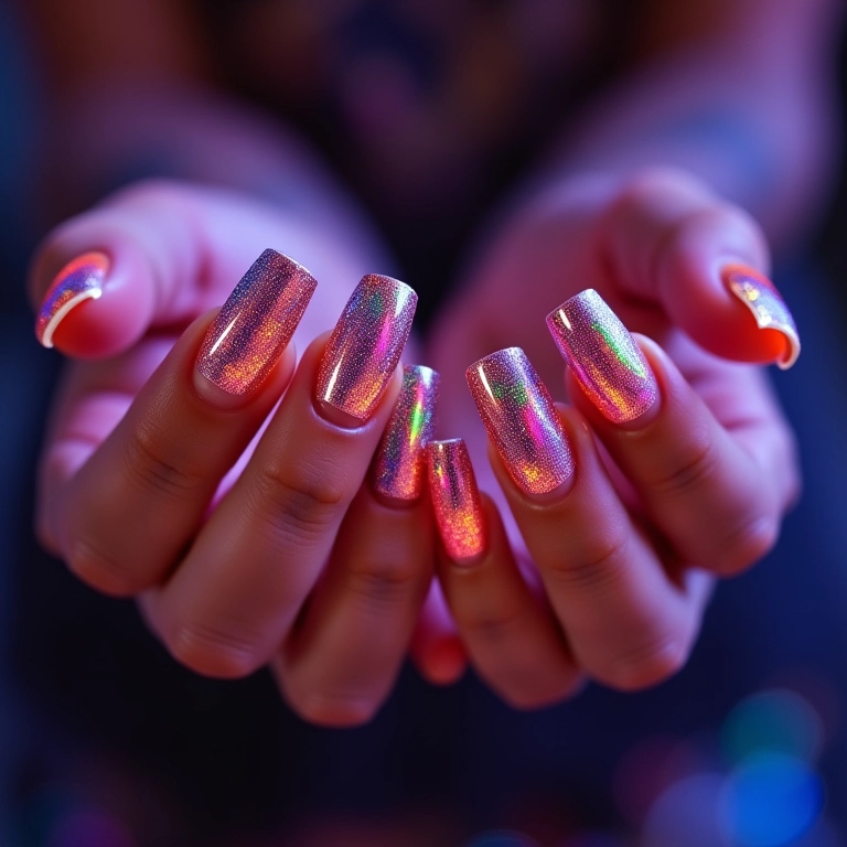 Unhas holográficas com efeito mágico de arco-íris.