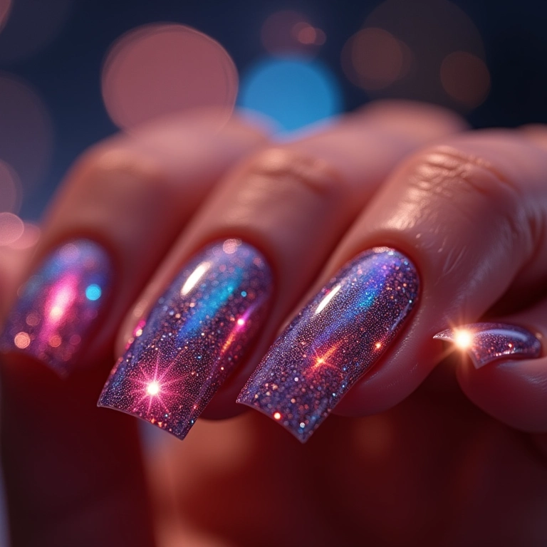 Unhas holográficas que refletem a luz, perfeitas para o Ano Novo.