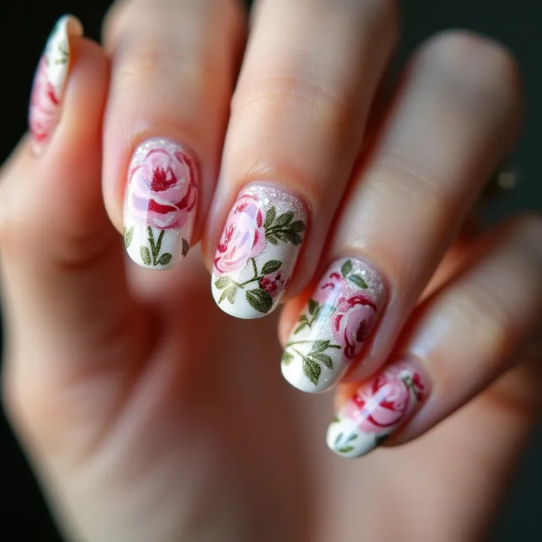 Unhas inglesinha com desenhos florais delicados.