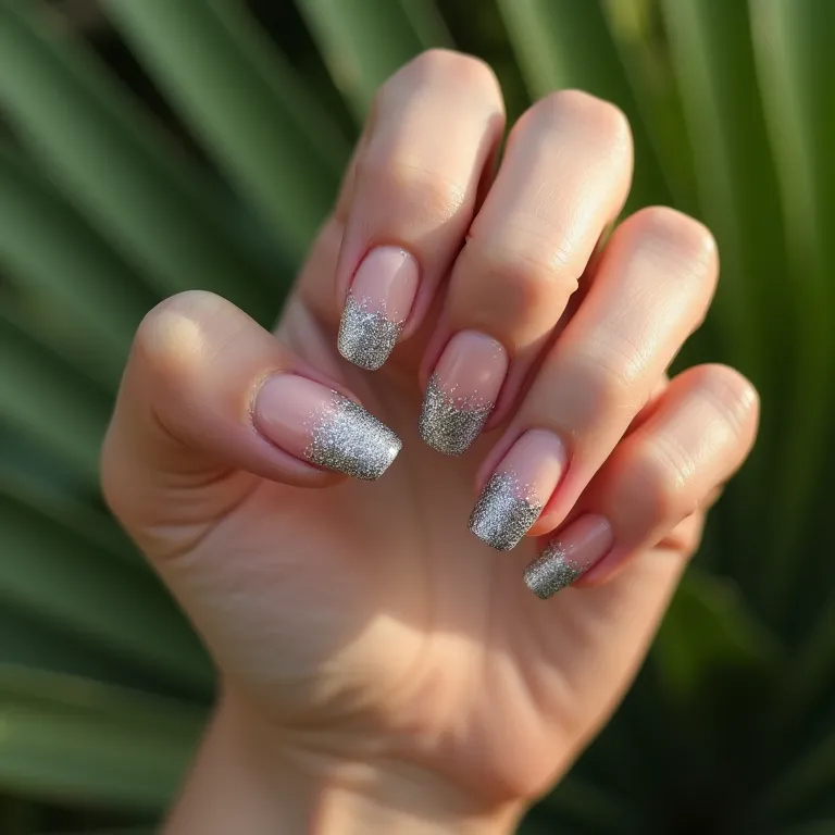 Unhas inglesinha com detalhes em glitter prateado.