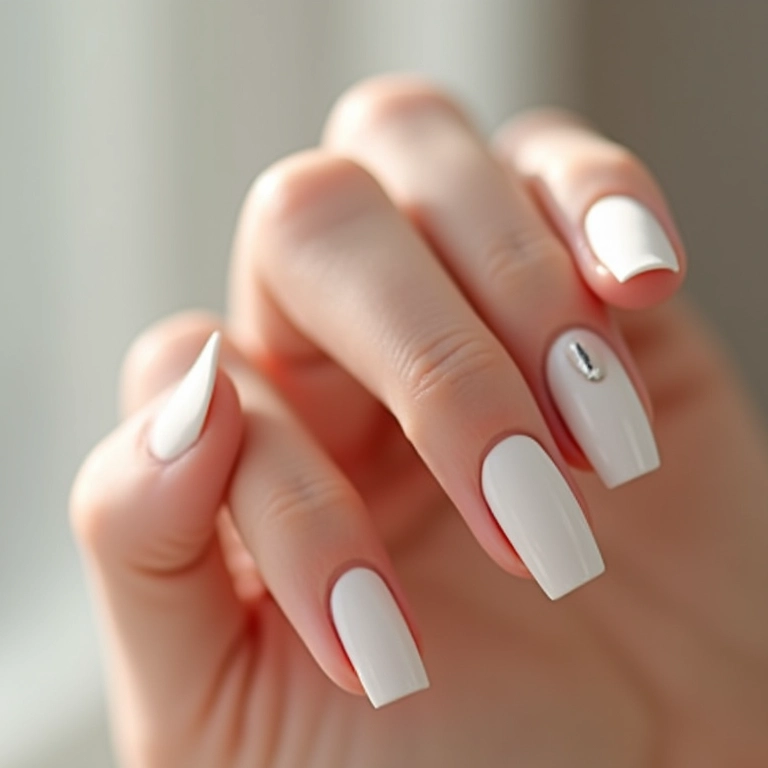 Unhas inglesinhas brancas com linha prata.