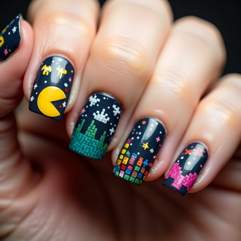Unhas inspiradas em games clássicos: Pac-Man e Tetris.
