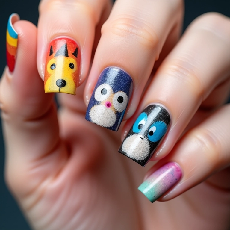Unhas inspiradas em personagens de desenhos animados, coloridas e divertidas.