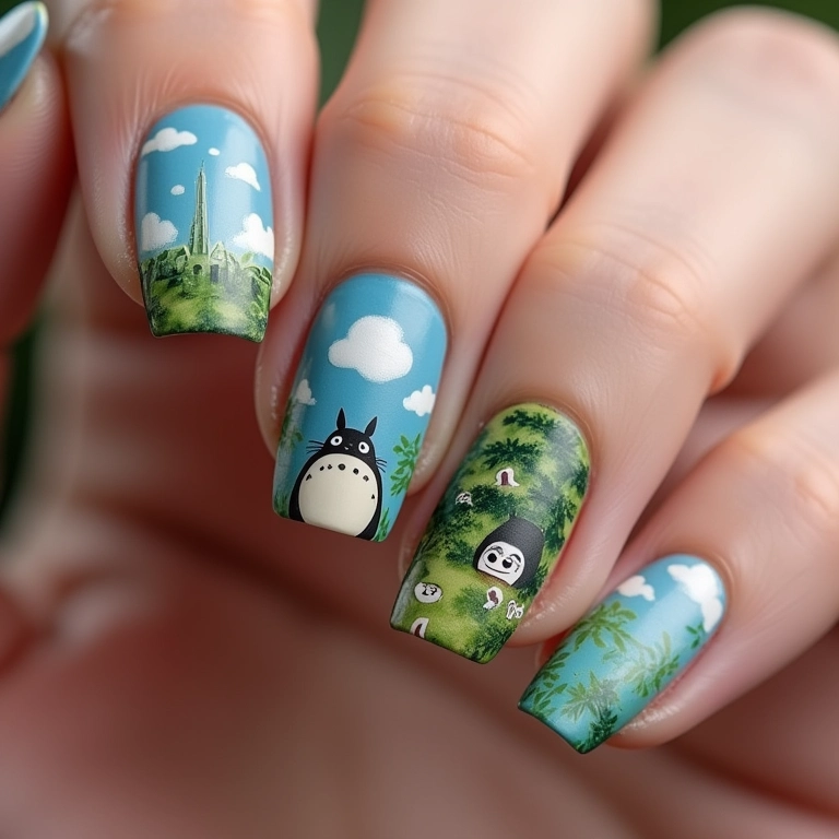 Unhas inspiradas em Studio Ghibli: Totoro e personagens de Spirited Away.