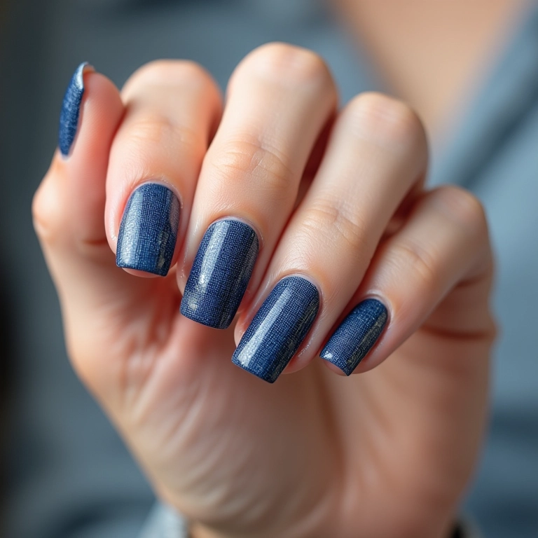 Unhas jeans clássicas com textura de tecido.