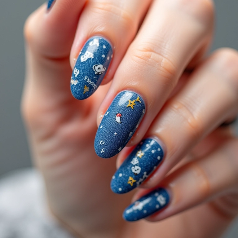Unhas jeans com adesivos coloridos e divertidos.