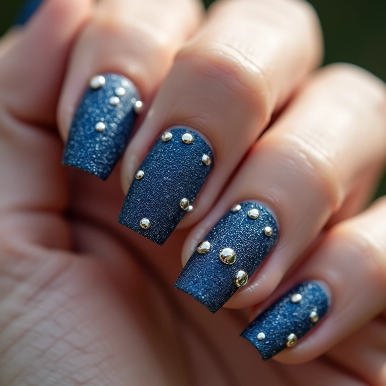 Unhas jeans com aplicações de studs e pérolas.