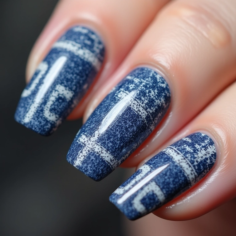Unhas jeans com carimbos decorativos em branco.