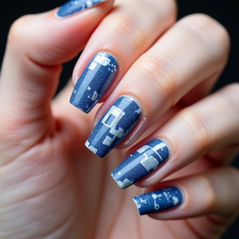 Unhas jeans com desenhos geométricos em azul e branco.
