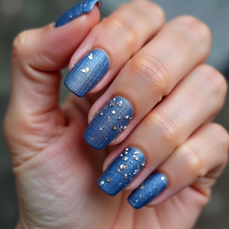 Unhas jeans com detalhes em glitter prata.