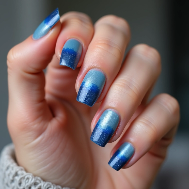 Unhas jeans com efeito degradê em tons de azul.