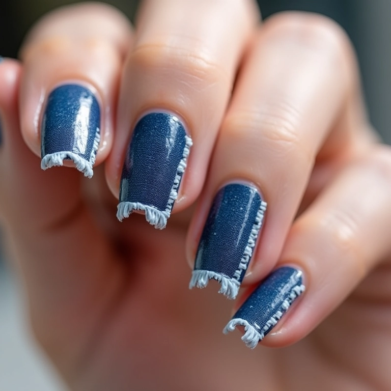 Unhas jeans com efeito destroyed e bordas desgastadas.