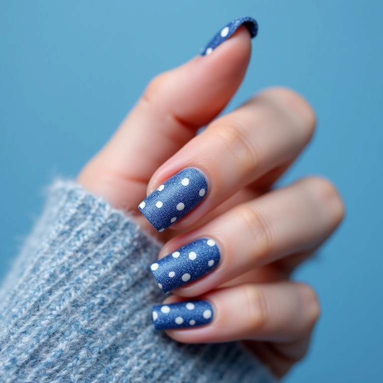 Unhas jeans com estampa de poá (bolinhas).