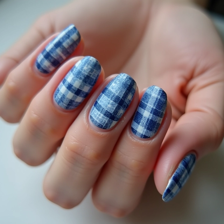Unhas jeans com listras em diferentes tons de azul.
