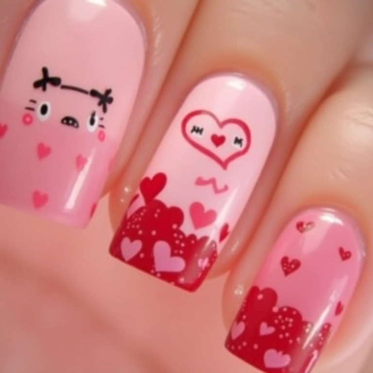 Unhas kawaii com corações.