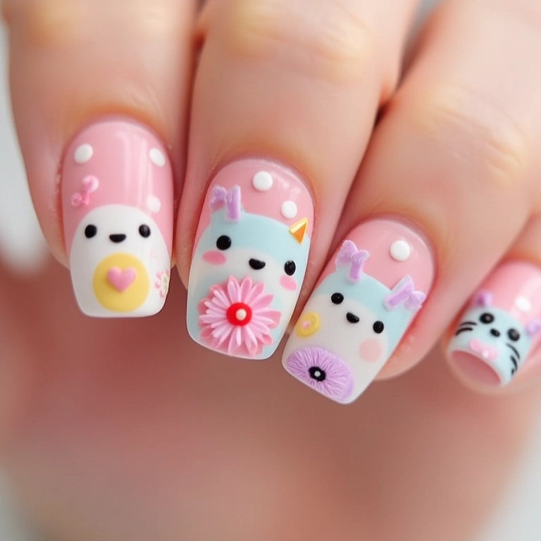 Unhas kawaii com desenhos de bichinhos fofos.