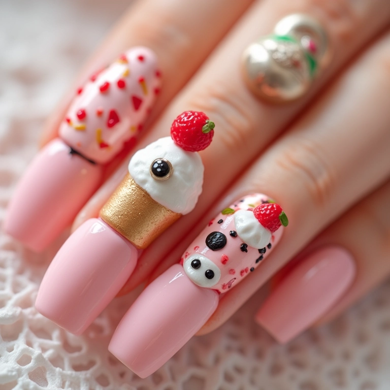 Unhas kawaii com docinhos.