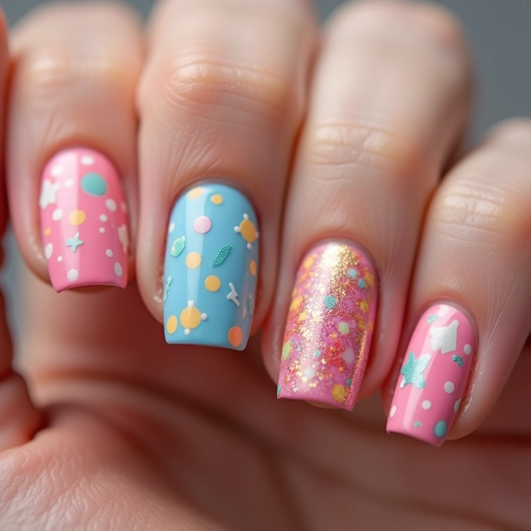 Unhas kawaii com estampas diferentes.