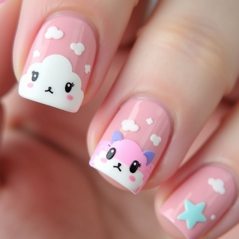 Unhas kawaii com nuvens e estrelas.