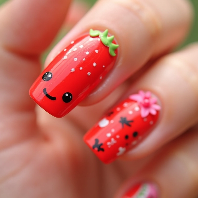 Unhas kawaii com tema de frutas.