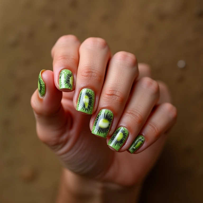 Unhas kiwi com adesivos, praticidade e beleza em segundos.