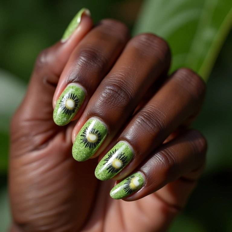 Unhas kiwi com carimbo, detalhes perfeitos e precisos.