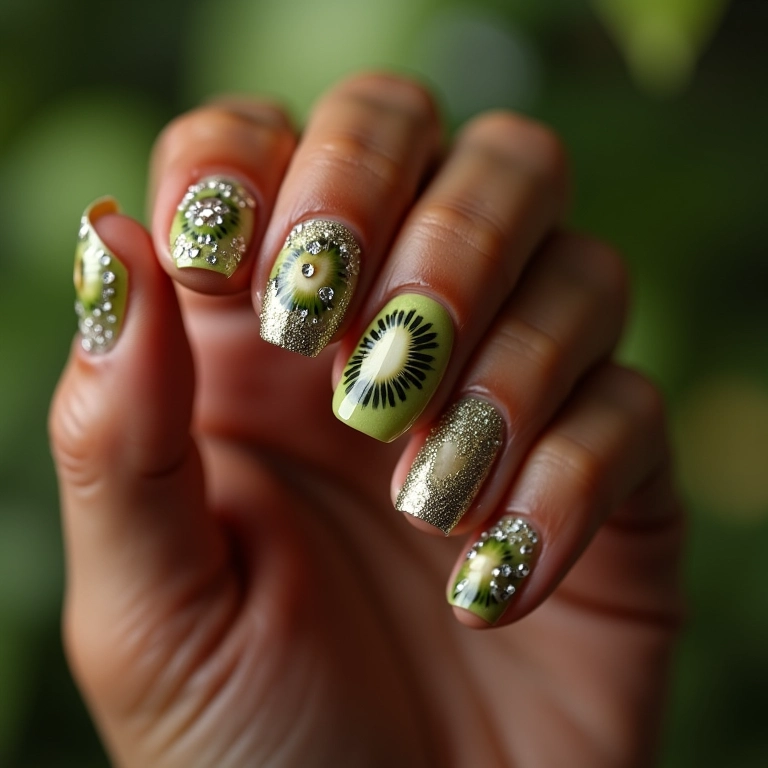 Unhas kiwi com pedrarias, um toque de luxo e elegância.
