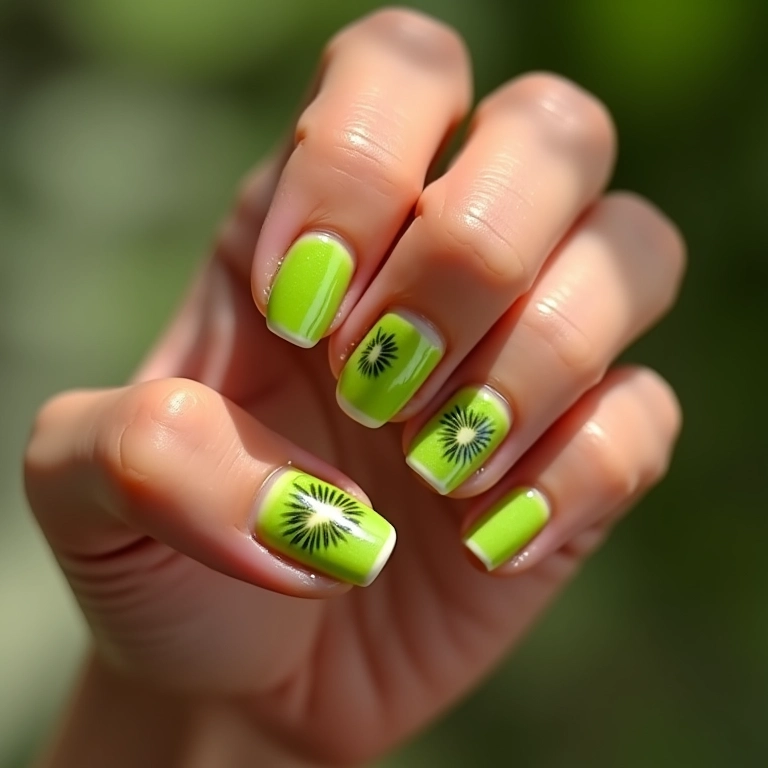 Unhas kiwi degradê, cores vibrantes em transição.