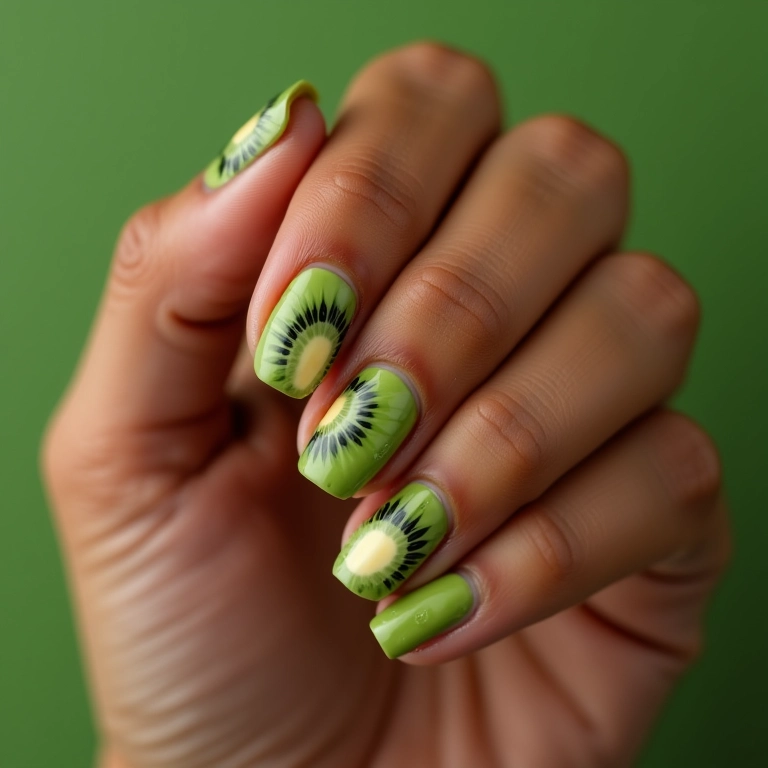 Unhas kiwi geométricas, modernidade e estilo em cada detalhe.
