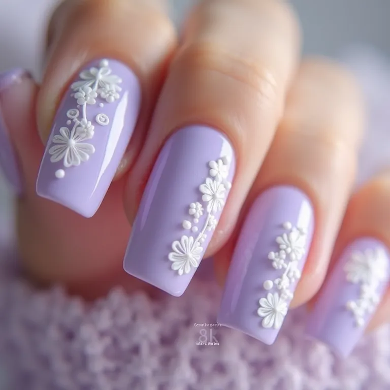 Unhas lilás pastel com detalhes em branco.