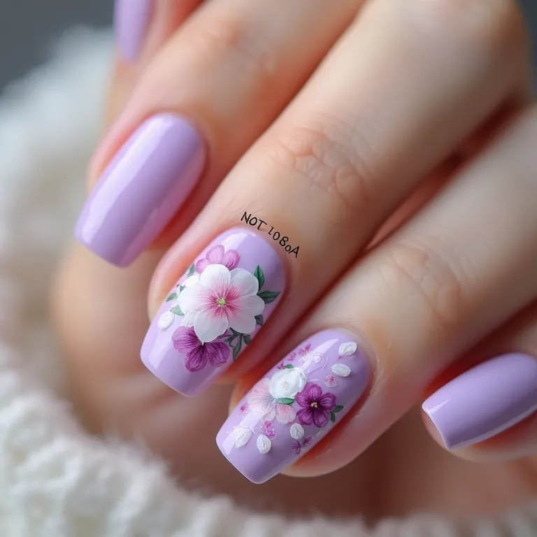 Unhas lilás pastel com flores.