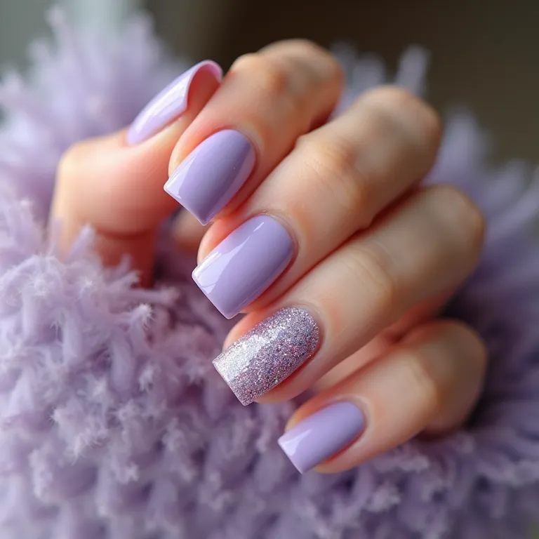 Unhas lilás pastel com glitter.