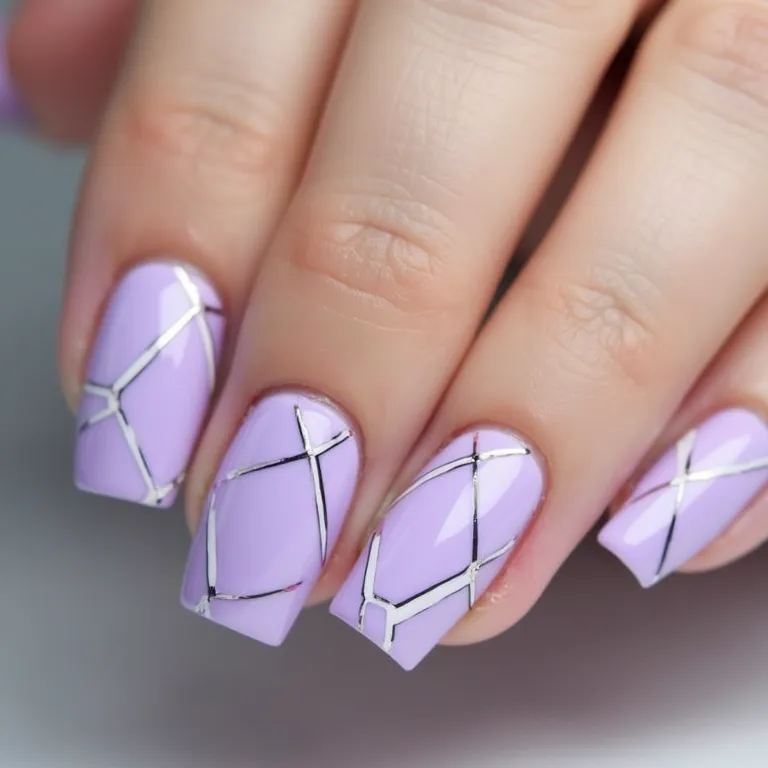 Unhas lilás pastel geométricas.