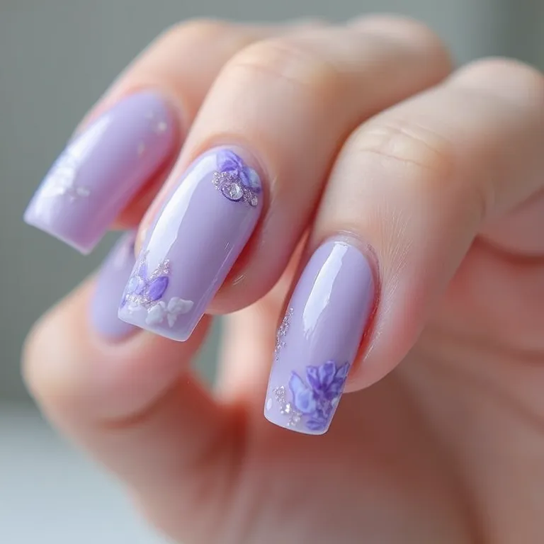 Unhas lilás pastel marmorizadas.