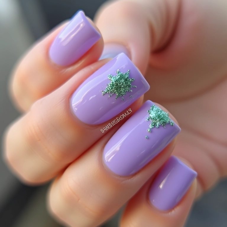 Unhas lisas com detalhes em glitter verde.