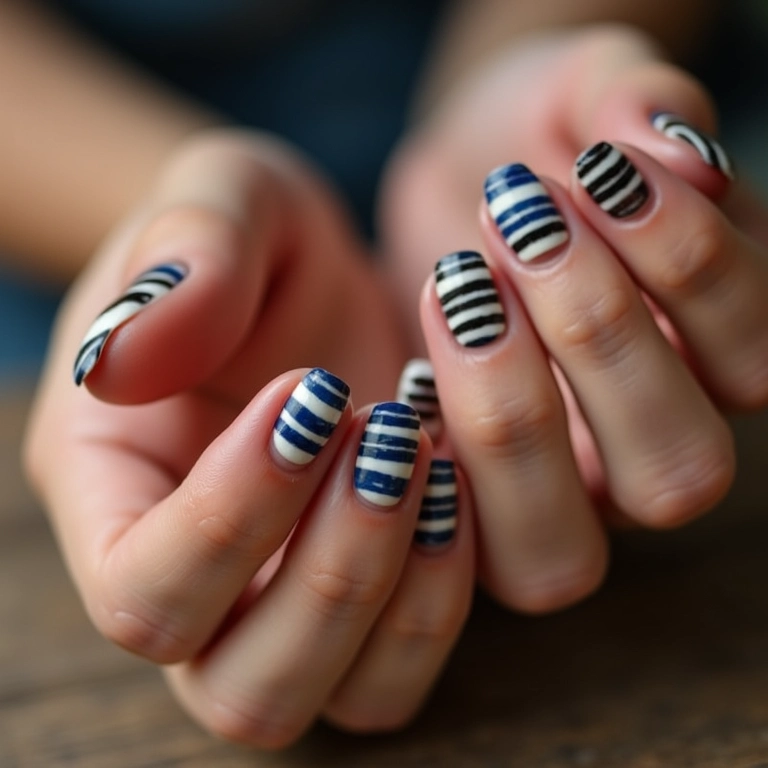 Unhas listradas com design clássico.