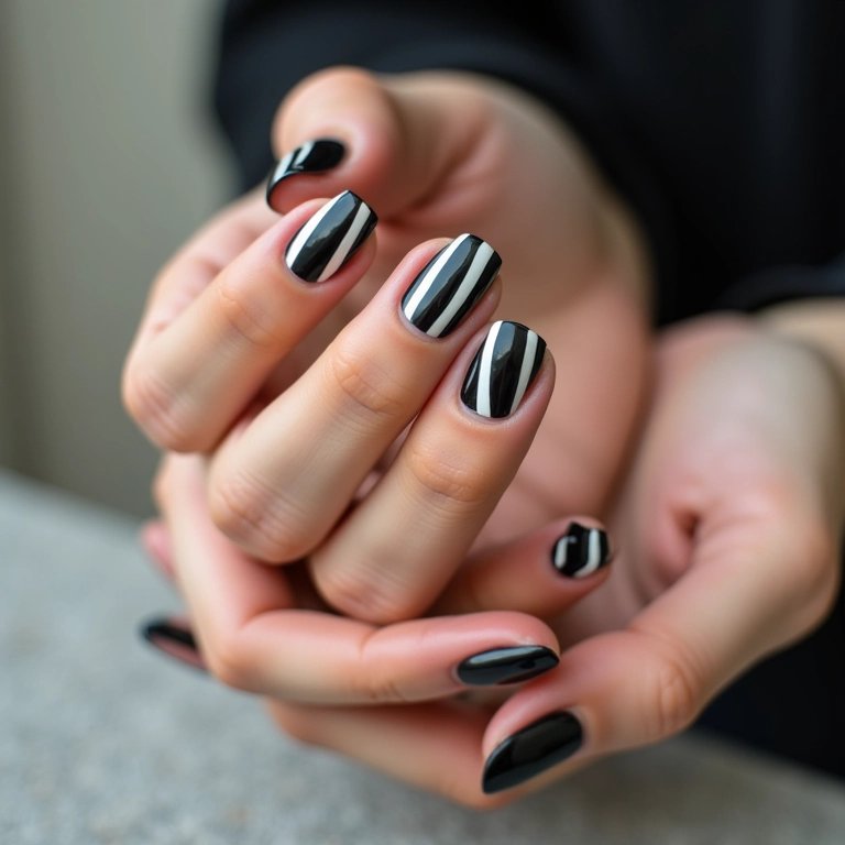Unhas listradas em preto e branco, design moderno e elegante.