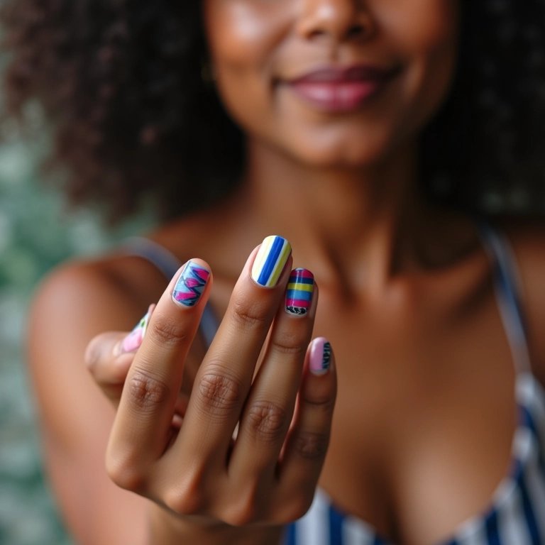 Unhas listradas feitas com durex, um clássico revisitado.