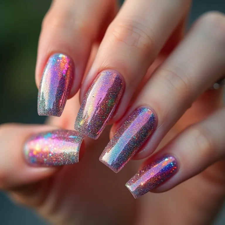 Unhas longas com francesinha de glitter colorido em degradê.