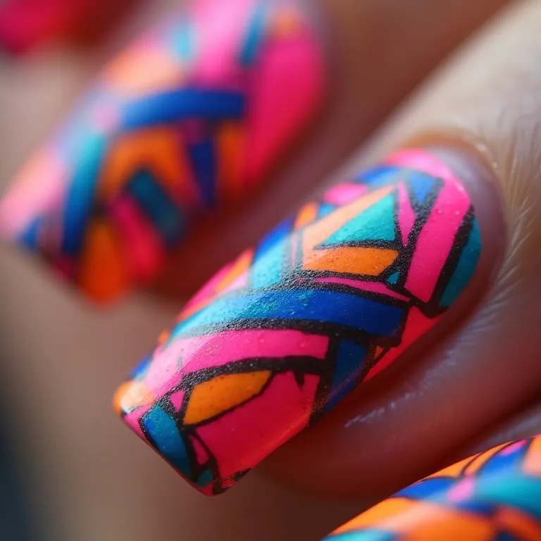 Unhas Mandrake com cores neon vibrantes e desenhos geométricos detalhados.