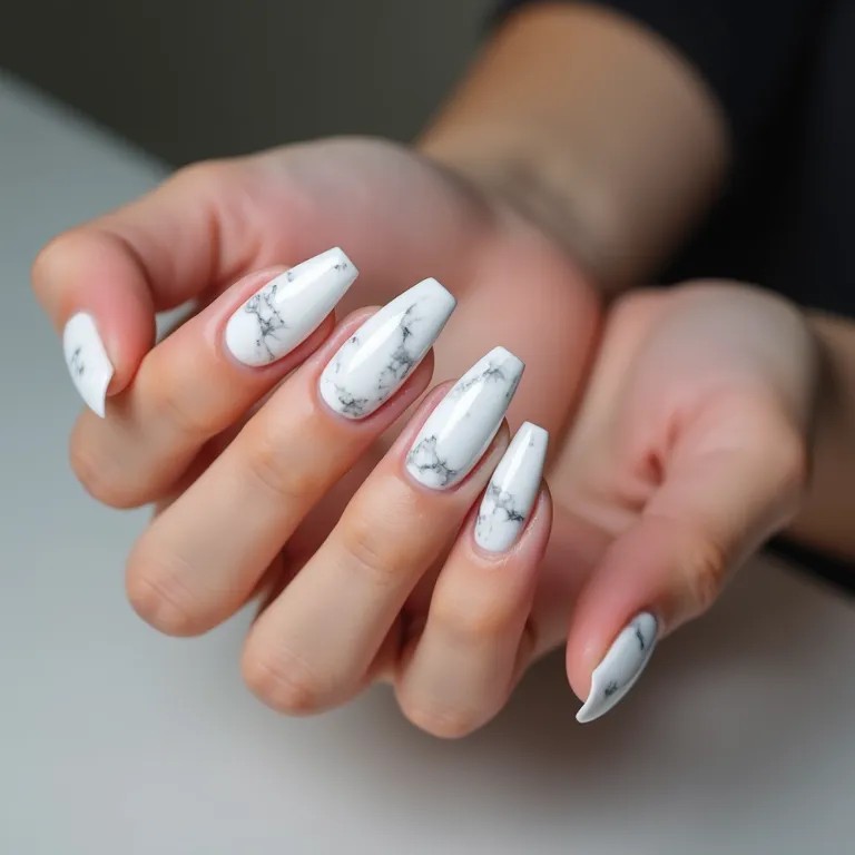 Unhas marmorizadas brancas em gel, modernas e elegantes.