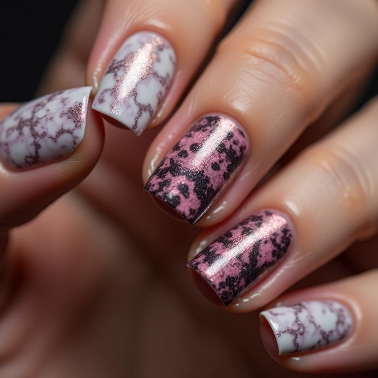 Unhas marmorizadas com animal print.