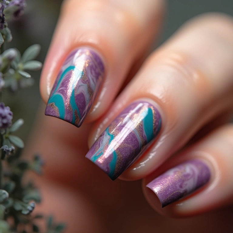 Unhas marmorizadas com cores contrastantes.