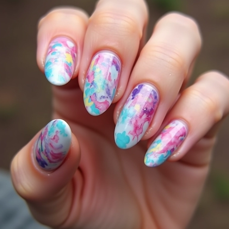 Unhas marmorizadas com cores elegantes e sofisticadas.