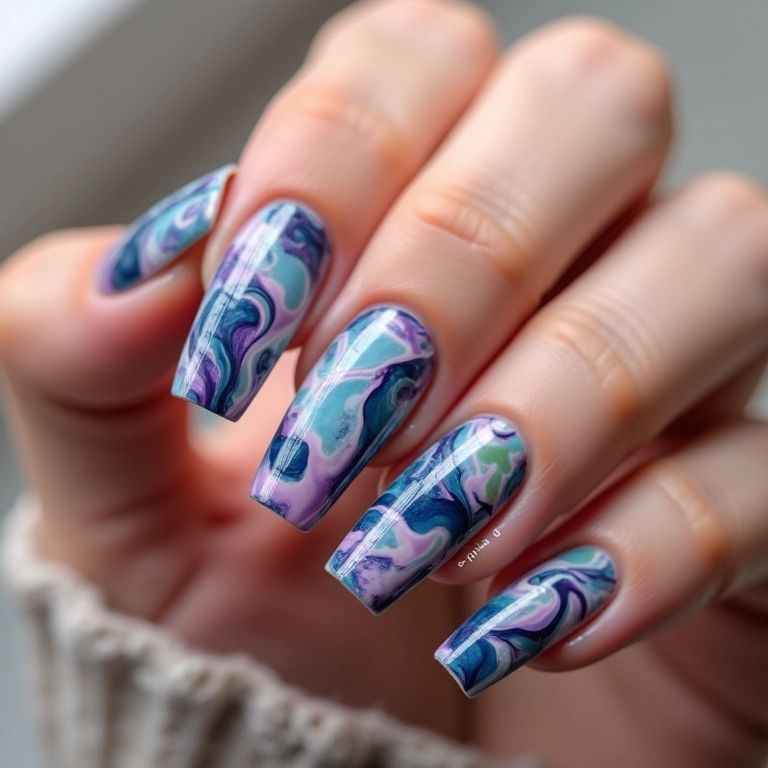 Unhas marmorizadas com cores vibrantes e padrões únicos.
