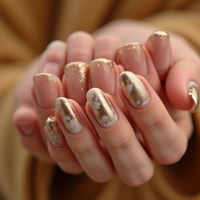Unhas marmorizadas com dourado em mãos elegantes.